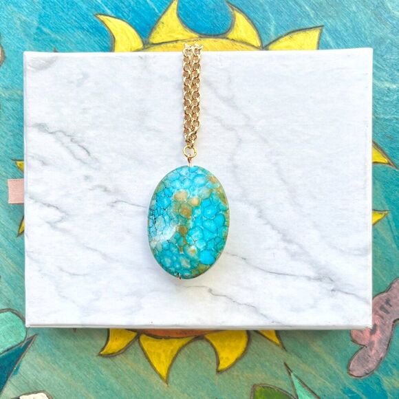 Turquoise Marble Stone Pendant on Gold Chain Necklace - Picture 4 of 6